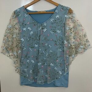 Mesh+Lace Blue Floral Embroidered Cape Shell Blouse‎ Women M Boho, Fairy, Whimsy
